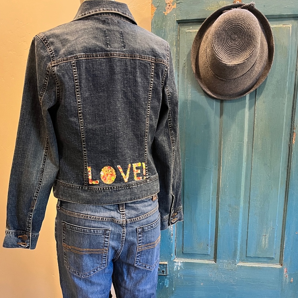 Old Navy Stretch Crop Denim Jacket "LOVE" Hand painted